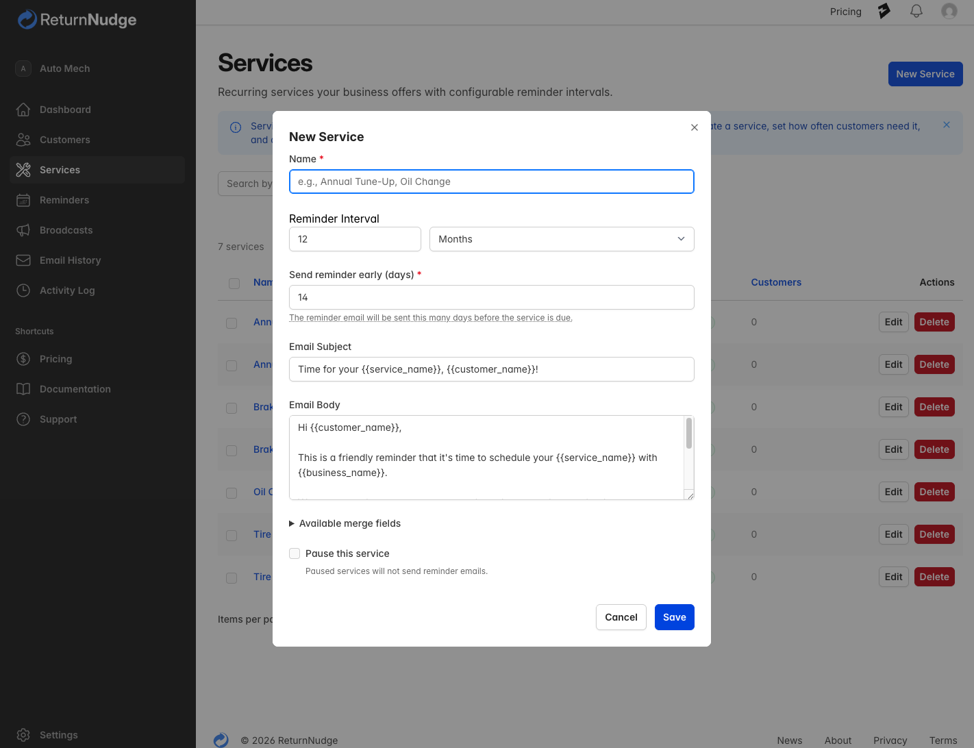 New Service Form